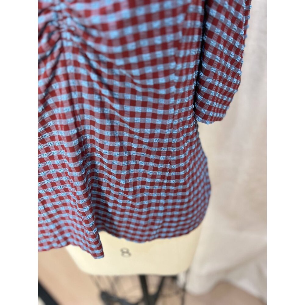 GANNI Blouse Seersucker V Neck Puff Sleeve in Blue Red Check Sz 46 XXL 16 - Picture 8 of 12